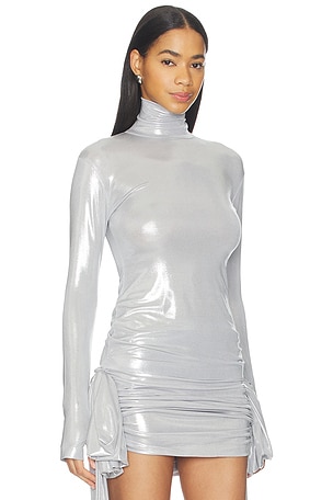 Norma Kamali Slim Fit Long Sleeve Turtle Top in Metallic Silver