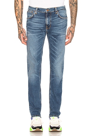 Nudie Jeans Thin Finn Jean in Mid Blue Ecru | REVOLVE