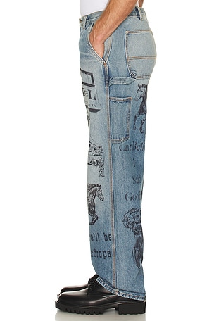 ONE OF THESE DAYS All Over Print Painters Pant in Blue. Size XL/1X. Also