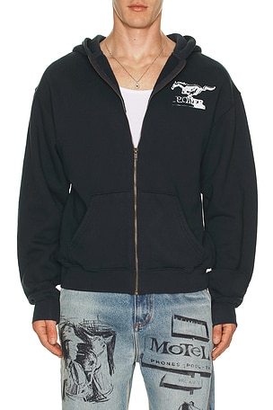 ONE OF THESE DAYS Mustang Cross Zip Up Hoodie in Black. Size XL/1X. Also