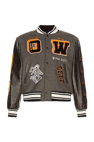 OFF-WHITE Leather Varsity Jacket in Grey & Multi | REVOLVE