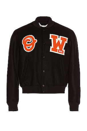 OFF-WHITE OW Patch Varsity Jacket in Black Orange REVOLVE