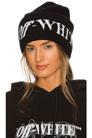 OFF-WHITE Logo Ribbed Beanie in Black & White | REVOLVE