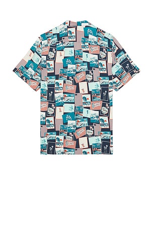 Original Penguin All Over Print Postcard Camp Shirt in Teal