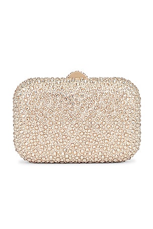 olga berg Casey Hot Fix Encrusted Clutch in Metallic Gold