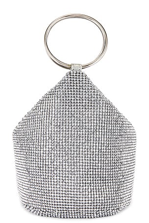 olga berg Ellie Crystal Mesh Ring Handle Bag in Silver
