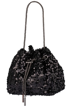 olga berg Ilana Sequin Drawstring Bag in Black