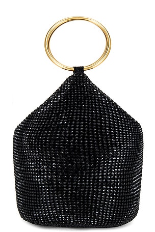 olga berg Ellie Crystal Mesh Ring Handle Bag in Black