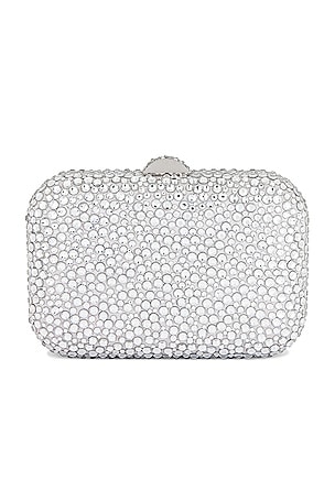 olga berg Casey Hot Fix Encrusted Clutch in Metallic Silver