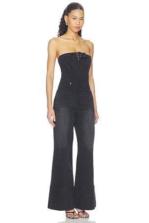 One Teaspoon Dark Angel Strapless Wide Leg Denim Jumpsuit in Black. Size XXS. Also