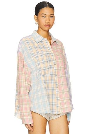 One Teaspoon Patchwork Cotton Check Shirt in Baby Blue,Pink