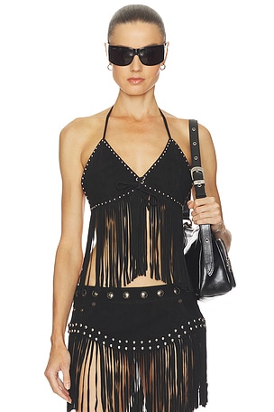 Rebel Rider Fringed Studded Suede Cami Top One Teaspoon