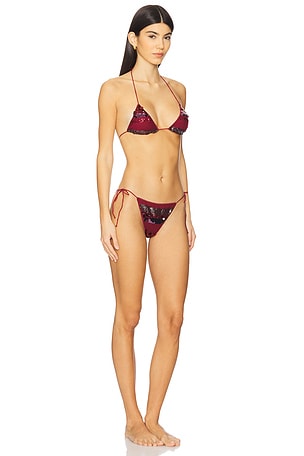 Oseree Sequin Striped Two Piece Bikini Set in Red