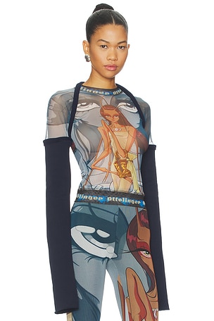 Ottolinger Mesh Hybrid Longsleeve in Julien Ceccaldi Print in Blue,Green