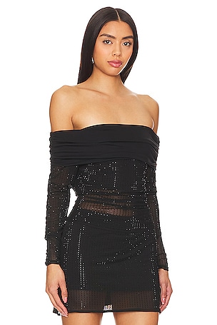 OW Collection Off Shoulder Rhinestone Blouse in Black