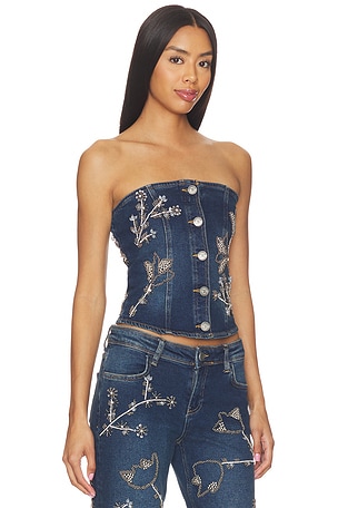 OW Collection Nova Embellished Denim Top in Blue