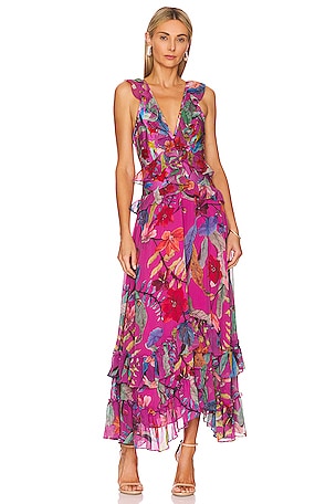 PatBO Zamia Ruffle V Neck Dress in Magenta | REVOLVE