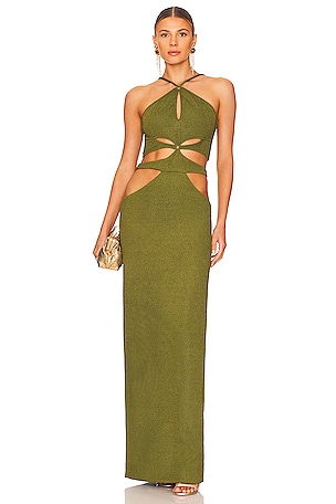 Shona Joy La Lune Ruched Halter Maxi Dress in Sage