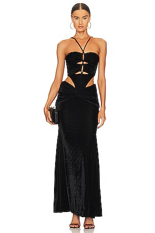 PatBO Dropped Waist Velvet Maxi Dress in Black | REVOLVE