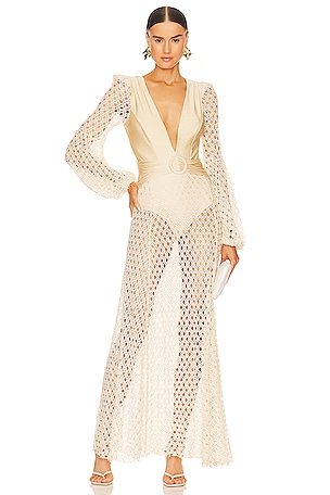 PatBO Monstera Crochet Plunge Maxi Dress in Sand | REVOLVE