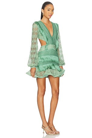 PatBO Samba Fringe Long Sleeve Mini Dress in Green. Size 8. Also