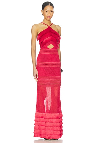 PatBO Radiant Fringe Halterneck Maxi Dress in Red
