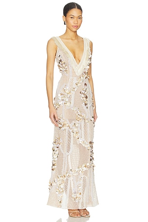 PatBO Seashell Embroidery Gown in Beige. Size 0. Also