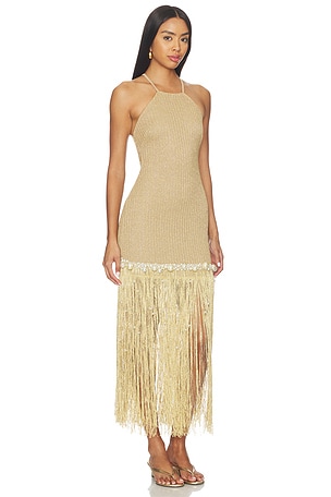 PatBO Aurea Crochet Midi Dress in Metallic Gold