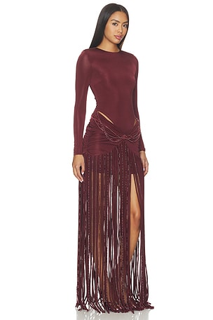 PatBO Taffeta Tarsila Fringe Maxi Dress in Brown