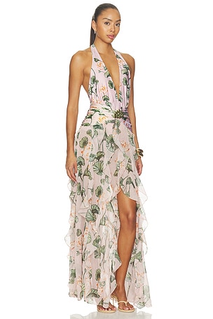 PatBO Lotus Plunge Maxi Dress in Pink