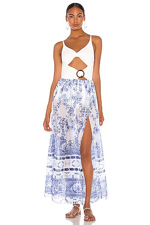 PatBO Amalfi Cut Out Beach Dress in Blue & White | REVOLVE