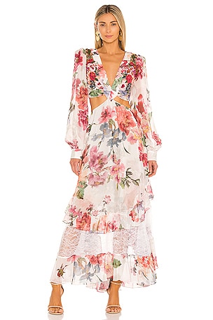 PatBO Floral Printed Beaded Cut Out Dress in Off White | REVOLVE