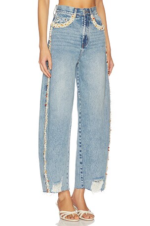 PatBO x Camila Coelho Beaded Denim Pant in Blue