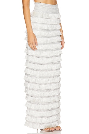 PatBO Metallic Fringe Maxi Skirt in Metallic Silver