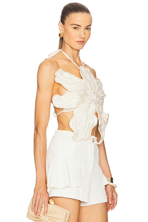 PatBO Hand Beaded Flower Top in White