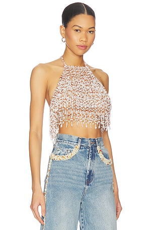 PatBO Pearl Dust Embroidery Halterneck Top in White