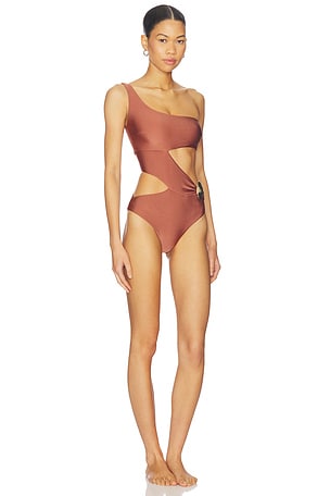 PatBO x Camila Coelho Golden Lune Bodysuit in Metallic Copper