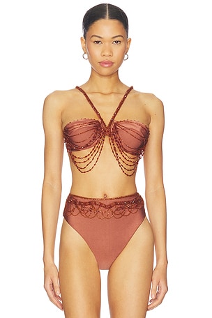 x Camila Coelho Golden Lune Halterneck Bikini Top PatBO