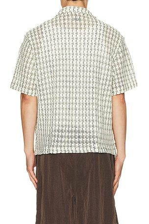 Percival Freddie Crochet Cuban Collar Boxy Shirt in Green. Size S. Also