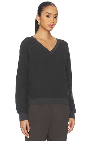 perfectwhitetee Zuri Reverse Fleece V Neck Sweatshirt in Black