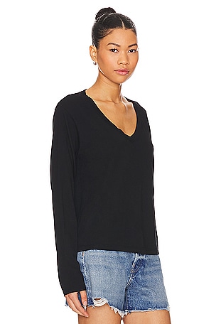 perfectwhitetee Long Sleeve Cotton Boxy V Neck Tee in Black