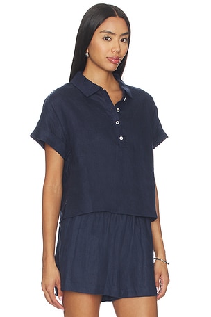 perfectwhitetee Linen 1/4 Button Down Collared Tee in Navy