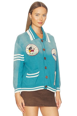 Found Varsity Patch Collared Cardigan in Teal