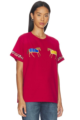 Found Embroidered Horse Equine Tee in Red