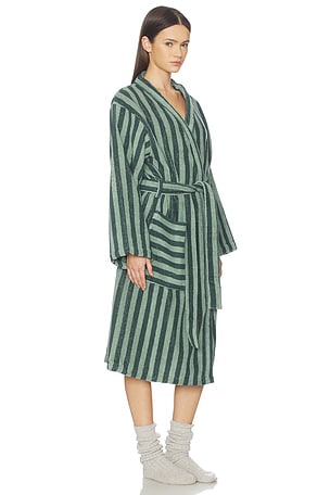 Piglet in Bed Pembroke Stripe Cotton Robe in Dark Green