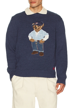 Long Sleeve Cotton Linen Novelty Denim Bear Crewneck Sweater Polo Ralph Lauren