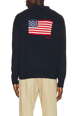 Cotton Blend Novelty Flag 4-Button Placket Pullover Sweater Polo Ralph Lauren