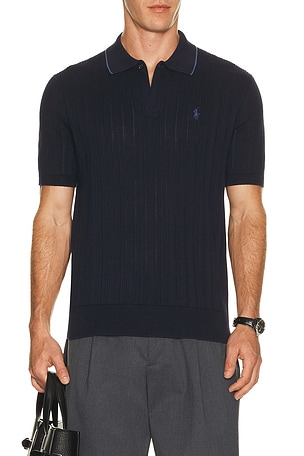Short Sleeve Cotton Rib Stitch Polo Sweater With Johnny Collar Polo Ralph Lauren