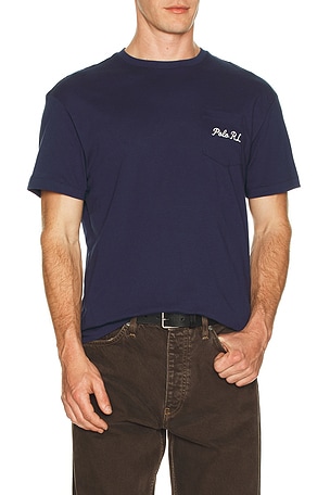 Polo Ralph Lauren Short Sleeve Jersey Knit Novelty Polo Society Bear Tee W Pocket in Navy