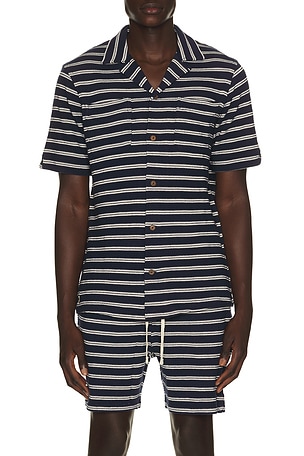 Short Sleeve Cotton Bar Stripe Textured Andy Camp Shirt Polo Ralph Lauren